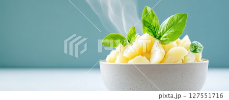 Steaming Bowl of Savory Mashed Potatoes Garnished with Fragrant Herbs Steaming Bowl of Savory Mashed Potatoes Garnished with Fragrant Herbs 127551716