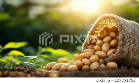 Bountiful Harvest Potatoes Spilling from Burlap Sack in Rustic Farm Setting 127551753