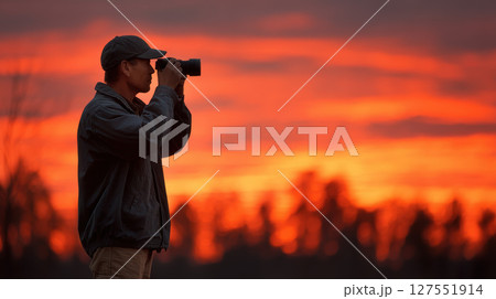 Man silhouette camera sunset outdoor photography nature peaceful evening sky 127551914