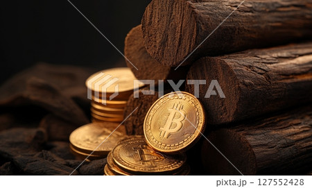 Rustic Stacked Timber Logs with Overlaid Golden Cryptocurrency Coins Rustic Stacked Timber Logs with Overlaid Golden Cryptocurrency Coins 127552428