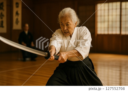 日本刀を構えるシニア女性武道家の迫力ある姿 日本刀を構えるシニア女性武道家の迫力ある姿 127552708