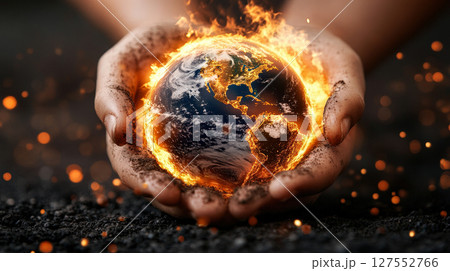 the image showcases a pair of hands gently cupping a depiction of the globe. flames engulf the globe, illuminating the continents and oceans 127552766