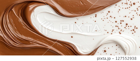 the image features a swirling composition of two smooth, edible substances on a white surface 127552938