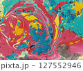 Saturated teal, red, and yellow swirl in wild acrylic movement with bold brushstrokes, designed for statement prints and expressive visual storytelling 127552946