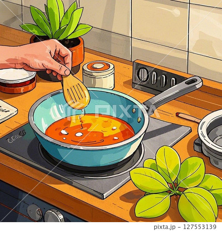 キッチンでお茶をする男性の手 キッチンでお茶をする男性の手 127553139