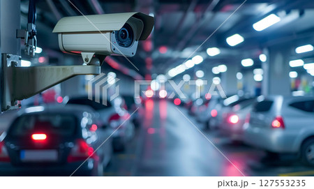 Security camera monitoring heavy traffic on a busy city street during rush hour. 127553235