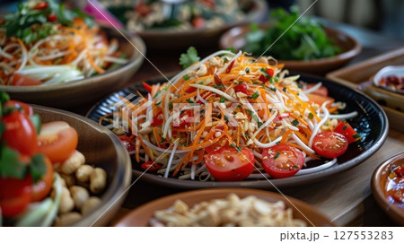 A mouthwatering platter of Thai green papaya salad, shredded papaya mixed with tomatoes, peanuts 127553283