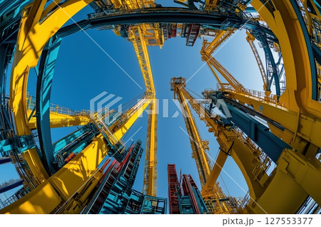 Massive container cranes at a busy shipping port with cargo loading 127553377
