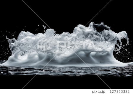 Powerful ocean wave crashing with dramatic water splash on a black background 127553382