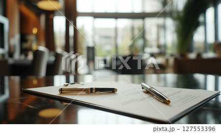 Modern Office During a Formal Meeting With Documents and Pens Arranged Elegantly 127553396