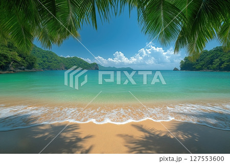 Peaceful Tropical Beach With Crystal Clear Waters and Vibrant Palm Trees Under a Bright Sky 127553600