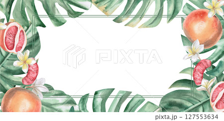 Rectangular frame with summer holiday theme. Isolated watercolor illustration with grapefruit and frangipani flowers, green leaves for summer menu design, photos, party invitations. Rectangular frame with summer holiday theme. Isolated watercolor illustration with grapefruit and frangipani flowers, green leaves for summer menu design, photos, party invitations. 127553634