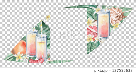 Rectangular frame with summer holiday theme. Isolated watercolor illustration with glasses, shells and green leaves for summer menu, photos, party invitations. Rectangular frame with summer holiday theme. Isolated watercolor illustration with glasses, shells and green leaves for summer menu, photos, party invitations. 127553638