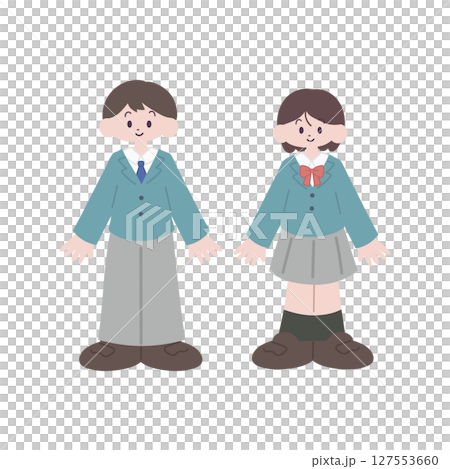 Illustration of male and female students in uniform [full body] 127553660