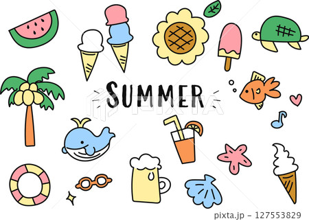 夏のシンプルな線画イラストセット カラフル 夏のシンプルな線画イラストセット カラフル 127553829