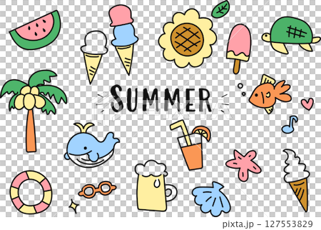 夏のシンプルな線画イラストセット カラフル 夏のシンプルな線画イラストセット カラフル 127553829