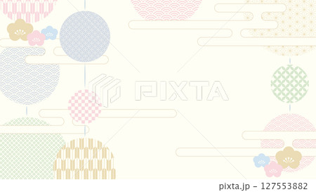 16:9の背景素材:日本の伝統的な柄を集めた吊るし飾りと桃の風景 16:9の背景素材:日本の伝統的な柄を集めた吊るし飾りと桃の風景 127553882