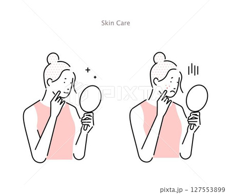 鏡を見る女性ーニキビやシミに悩む女性と綺麗な肌の女性のイラスト素材 127553899