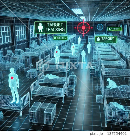 建物へ潜入するスパイを表現したイラスト 127554401