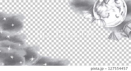 Rectangular frame with big moon, bats and starry sky. Isolated pencil illustration for postcards, Halloween invitations, theme party menus. 127554457