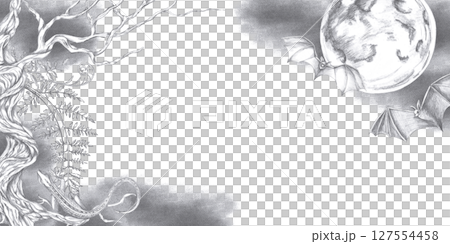 Rectangular frame with curved tree, fern, moon, bats. Isolated pencil illustration on Halloween theme for party invitations, themed menu, fear rooms. Rectangular frame with curved tree, fern, moon, bats. Isolated pencil illustration on Halloween theme for party invitations, themed menu, fear rooms. 127554458