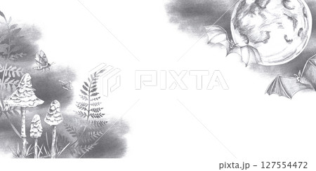 Rectangular frame with moon, bats and mushrooms. Dark and scary pencil illustration on Halloween theme for party invitations, theme menu, fear rooms. Rectangular frame with moon, bats and mushrooms. Dark and scary pencil illustration on Halloween theme for party invitations, theme menu, fear rooms. 127554472