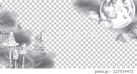 Rectangular frame with moon, bats and mushrooms. Dark and scary pencil illustration on Halloween theme for party invitations, theme menu, fear rooms. Rectangular frame with moon, bats and mushrooms. Dark and scary pencil illustration on Halloween theme for party invitations, theme menu, fear rooms. 127554472