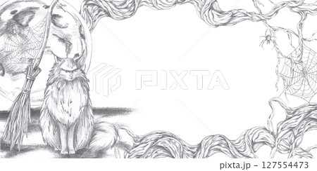 Rectangular frame with a cat, a broom against the background of the moon and gnarled branches. Isolated pencil illustration for Halloween interior decoration, postcards, invitations, poster printing. Rectangular frame with a cat, a broom against the background of the moon and gnarled branches. Isolated pencil illustration for Halloween interior decoration, postcards, invitations, poster printing. 127554473