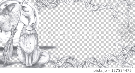 Rectangular frame with a cat, a broom against the background of the moon and gnarled branches. Isolated pencil illustration for Halloween interior decoration, postcards, invitations, poster printing. 127554473