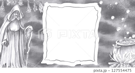 Rectangular frame with a witch on the background of dried herbs, a cauldron with a witch's potion. Isolated pencil illustration for Halloween interior decoration, postcards, invitations. 127554475