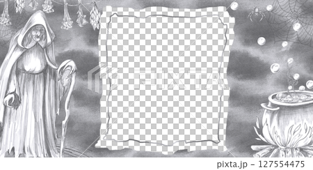 Rectangular frame with a witch on the background of dried herbs, a cauldron with a witch's potion. Isolated pencil illustration for Halloween interior decoration, postcards, invitations. 127554475