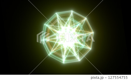 Bright radial grid of green and yellow lines with glowing energy in a digital light tunnel effect 127554755