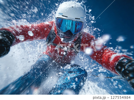 In the Caucasus region, a man is skiing downhill while on a tour in Gudauri, Georgia 127554984