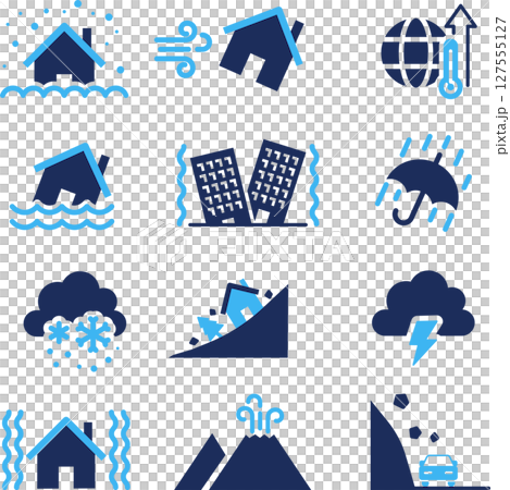 一組與災害相關的藍色兩種顏色的剪影圖標 一組與災害相關的藍色兩種顏色的剪影圖標 127555127