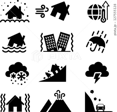 モノクロの災害に関するシルエットアイコンセット 127555128