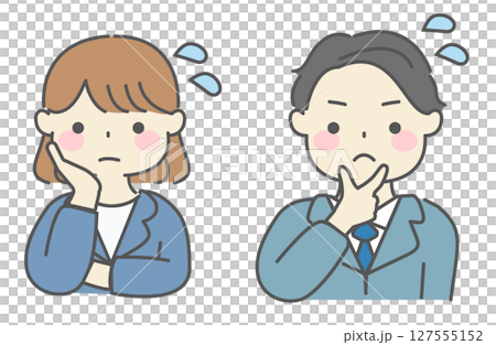 一幅簡單的例子,描繪了一位身穿西裝、憂心忡忡的男人和女人 一幅簡單的例子,描繪了一位身穿西裝、憂心忡忡的男人和女人 127555152