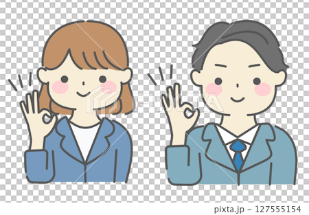 A simple illustration of a man and woman in a suit making an OK sign A simple illustration of a man and woman in a suit making an OK sign 127555154