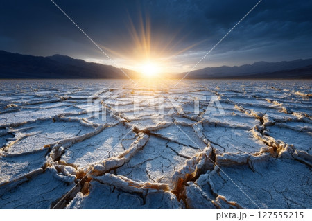 The Badwater area in Death Valley National Park at sunset features a unique geological formation due to its salt flats on the hot desert surface, captured at the exact moment the sun dipped below the 127555215