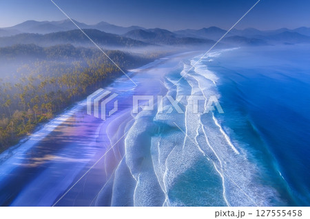 The coastline of Crowdy Bay is depicted in an aerial landscape, showcasing Crowdy Head in New South Wales, Australia 127555458
