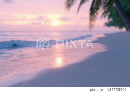 morning ocean tropical beach with palm trees, partly blurred background 127555493