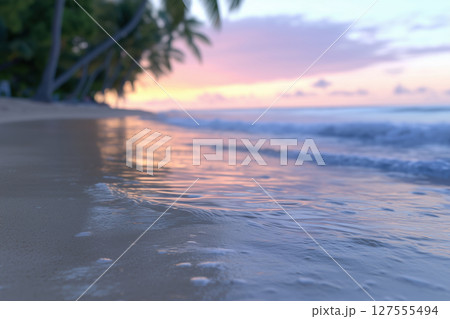 morning ocean tropical beach with palm trees, partly blurred background 127555494