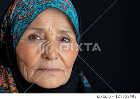 portrait of old woman in ethnic hijab on black background 127555495