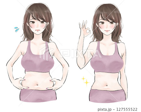 かわいい女の子のダイエットビフォーアフターイラスト 127555522