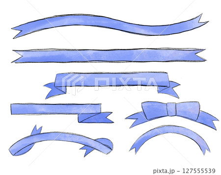 手書き水彩風ブルーのリボンあしらいセット 127555539