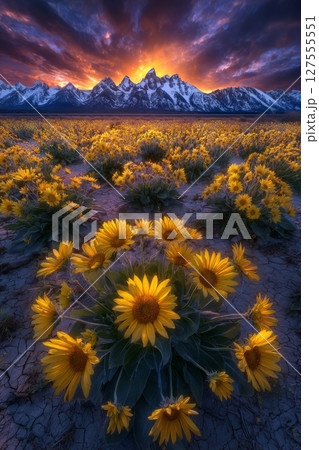 The landscape of Grand Teton National Park, Wyoming, is dotted with an assortment of brightly hued wild flowers The landscape of Grand Teton National Park, Wyoming, is dotted with an assortment of brightly hued wild flowers 127555551