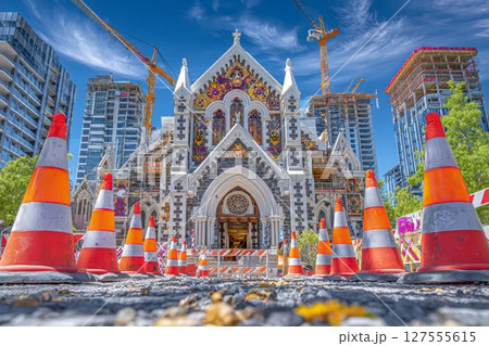 An earthquake on November 3, 2018, caused damage to the cathedral in Christchurch, New Zealand 127555615