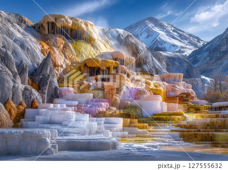 The Travertines can be found at Mammoth Hot Springs within Yellowstone national park, Wyoming 127555632