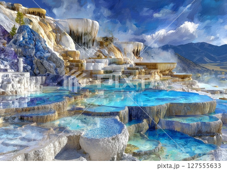 The Travertines of Mammoth Hot Springs located in Yellowstone national park, Wyoming 127555633