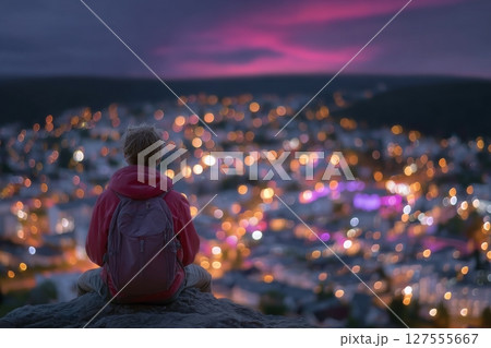 Seated on a rock, the man takes a moment to appreciate the view on his hiking trip 127555667