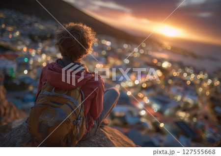 A man is seated on a rock, taking in the scenery during his hike 127555668